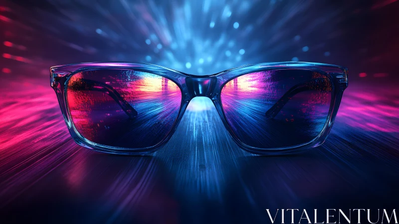 Stylish sunglasses with vibrant neon reflections in futuristic setting.