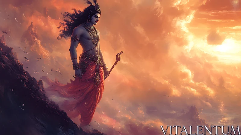 Divine warrior surveys a blazing celestial horizon in silence.