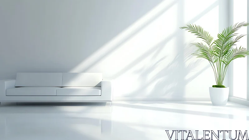 Sunlit minimalist living room balances sofa and palm.