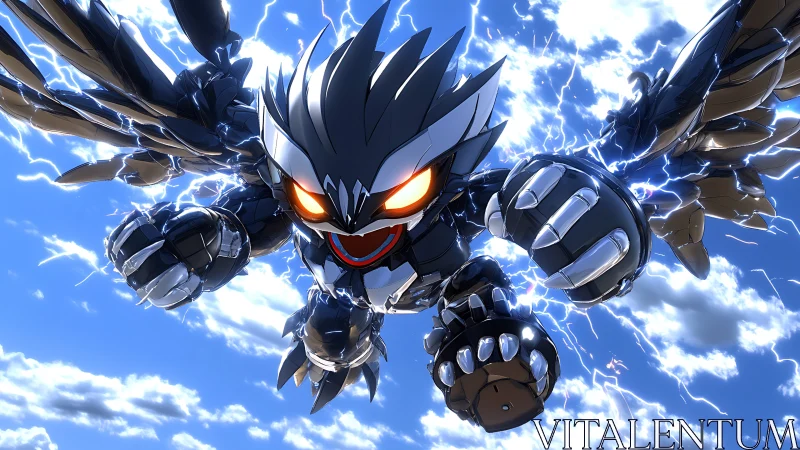 Robot owl warrior lunging through stormy electric sky.