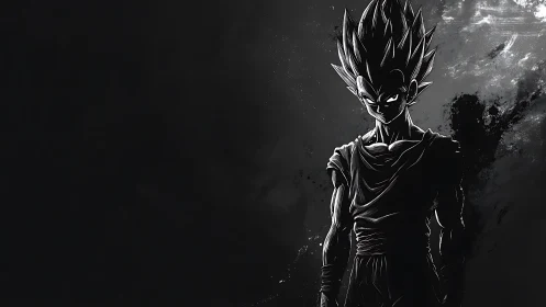 Dark monochrome anime warrior against textured background.