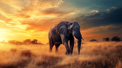 Lone elephant crossing golden savanna at blazing sunset.
