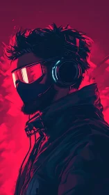 Neon-hooded urban rider in cyber visor and stormy glow.