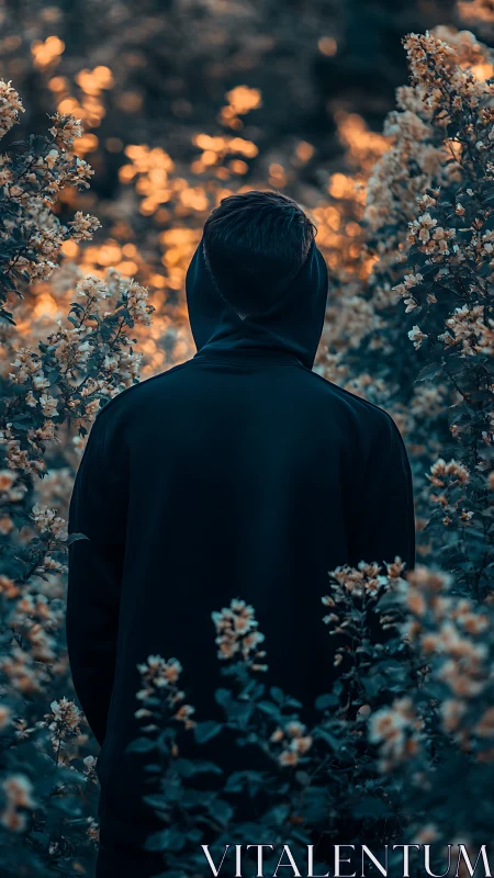 Hooded figure observed from behind amid teal-orange flora