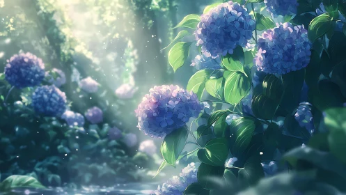 Hydrangea inflorescences in volumetric forest backlighting.