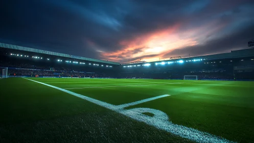 Floodlit football stadium corner under vivid stormy dusk sky.