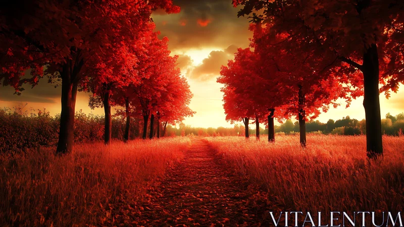Fiery autumn alley under glowing sunset sky pathway.