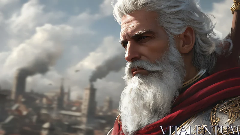Older warrior with white beard overlooking smoky city.