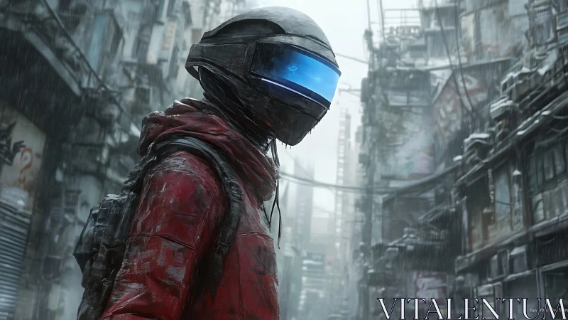 Cyberpunk courier in frozen rain-soaked decayed megacity street