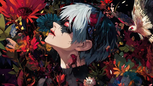 Surreal anime portrait merges floral overgrowth and wounded gaze