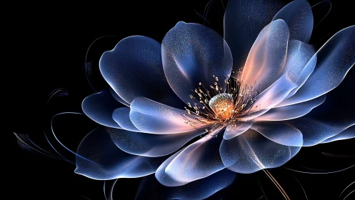 Luminous glass flower glows with iridescent blue petals.