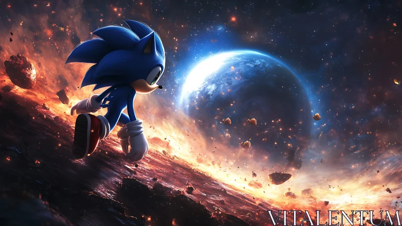 Blue speedster crosses a glowing cosmic horizon at dawn.