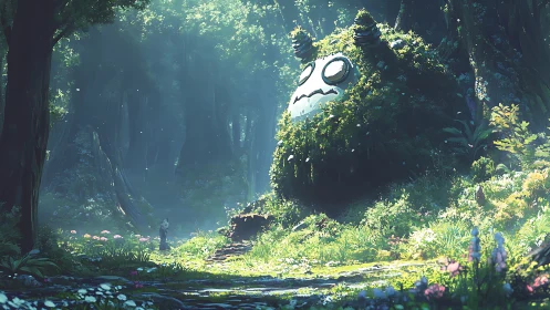 Forest guardian statue rests overgrown in luminous clearing