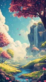 Sunlit fantasy valley with waterfall and drifting blossoms