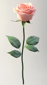Single Pink Rose Stem with Green Leaves Against Soft Background