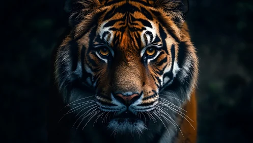 Midnight-eyed tiger stalking from the velvet jungle hush.