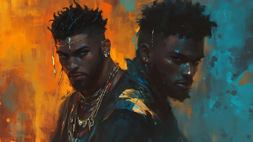 Dual portrait of men in warm and cool painted light.