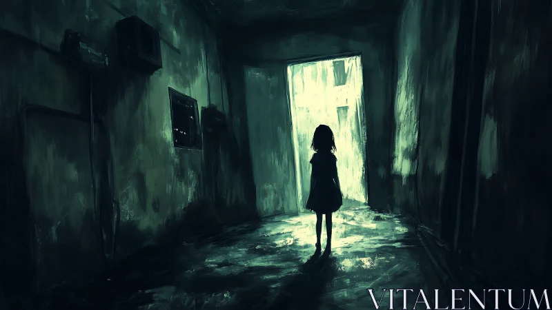 Girl silhouetted in dark hallway facing harsh doorway light.