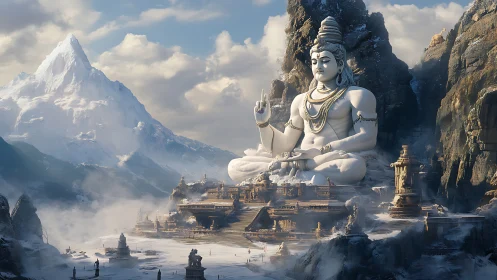 Colossal Shiva statue dominating snowbound Himalayan temple city