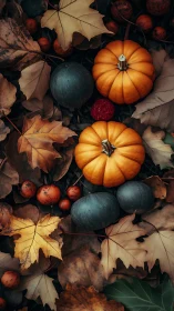 Rustic autumn pumpkins with leaves in rich moody tones.