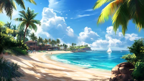 Tropical Paradise Beach with Palm Trees and Azure Waters.