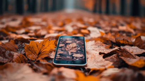 Smartphone lying on autumn leaves in forest path.