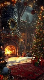 Volumetric Christmas hearth with illuminated spruce canopy.