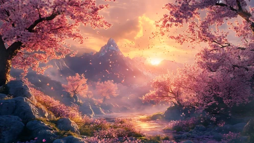 Sunset mountain valley framed by vivid cherry blossoms.