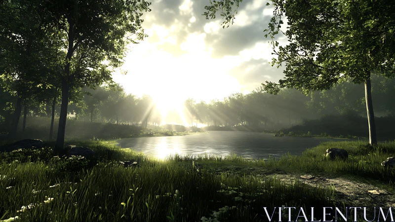 Sunlit forest lake horizon under radiant morning haze.