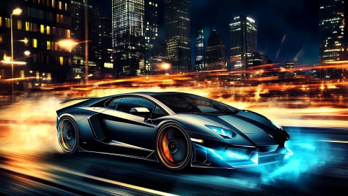 Midnight supercar sprint through neon streaked city streets.