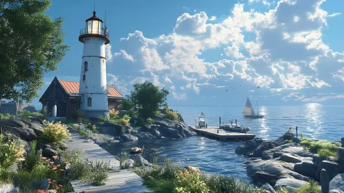 Coastal lighthouse structure on rocky promontory with maritime vessels