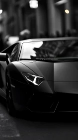 Midnight supercar gliding through a softly blurred city street.