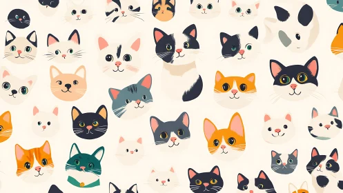 Whimsical Cat Faces Scattered on Cream Background Pattern.