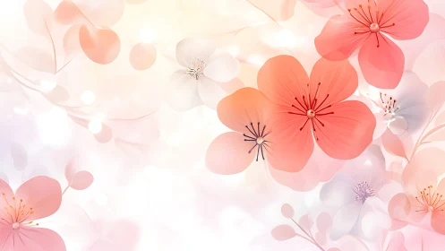 Layered translucent flowers rendered in soft coral and pink tones.
