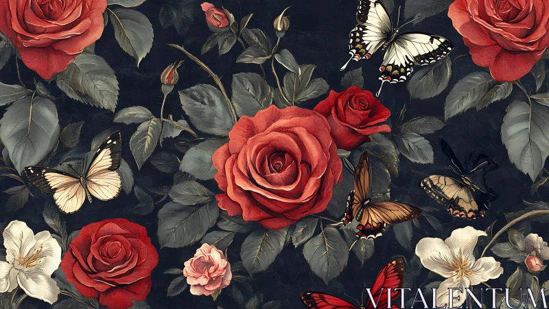 Red Roses and Butterflies Dance in Twilight.