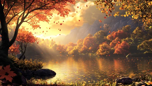 Golden autumn sunlight pours gently across a quiet lake