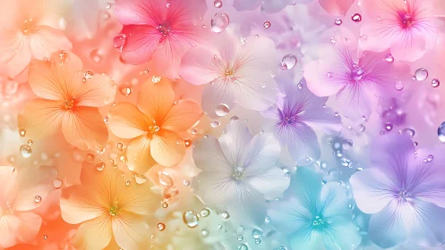 Rainbow Floral Dreams With Water Droplets