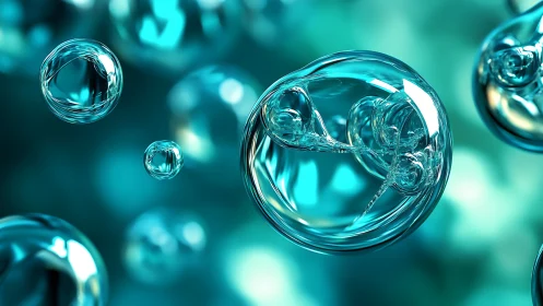 Glowing turquoise liquid bubbles in abstract 3D depth.
