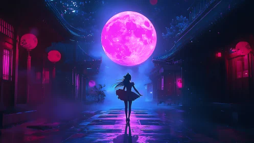 Neon moonrise over quiet street and lone dreamer.