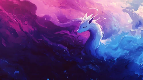 Dreamlike spirit fox adrift in swirling nebula hues.
