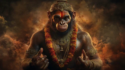 Mythic simian warrior in ornate garlands and burning cloudscape.