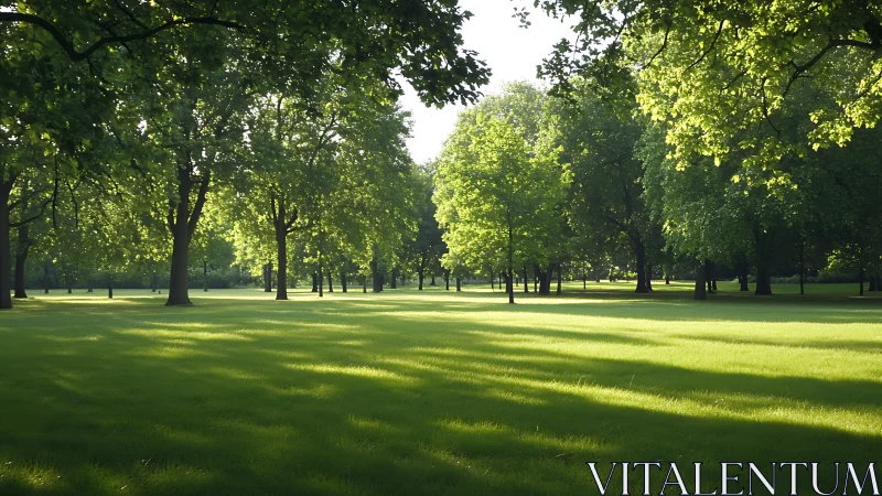 Gentle morning light dances across a peaceful green park