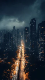 Rain-soaked arterial roadway through high-rise night skyline
