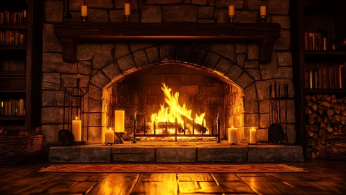 Stone Fireplace with Active Flames and Candlelit Ambiance.