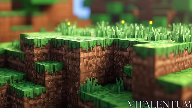 Sunlit voxel grass cliffs in stylized game environment.