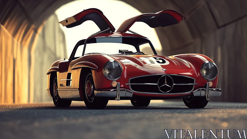 Vintage red gullwing race car under warm tunnel light.