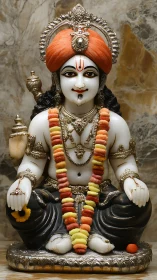 Marble deity statue displays ornate jewelry and garland