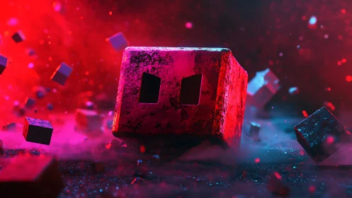 Playful neon cube drifting through a glowing cosmic storm.
