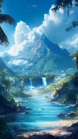 Tropical landscape with mountain, waterfall, and blue river.