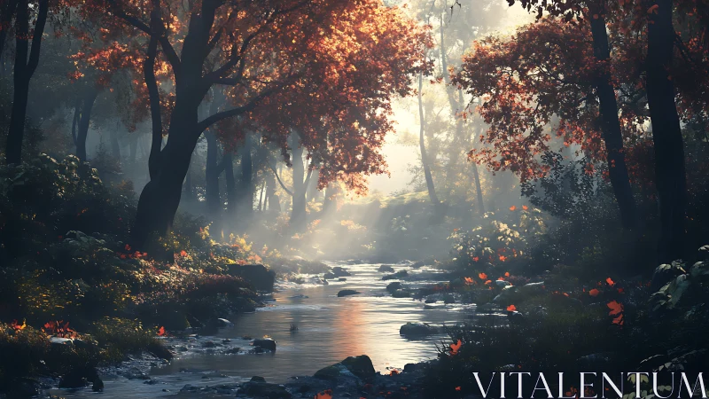 Autumn Forest Stream Bathed in Golden Hour Radiance.
